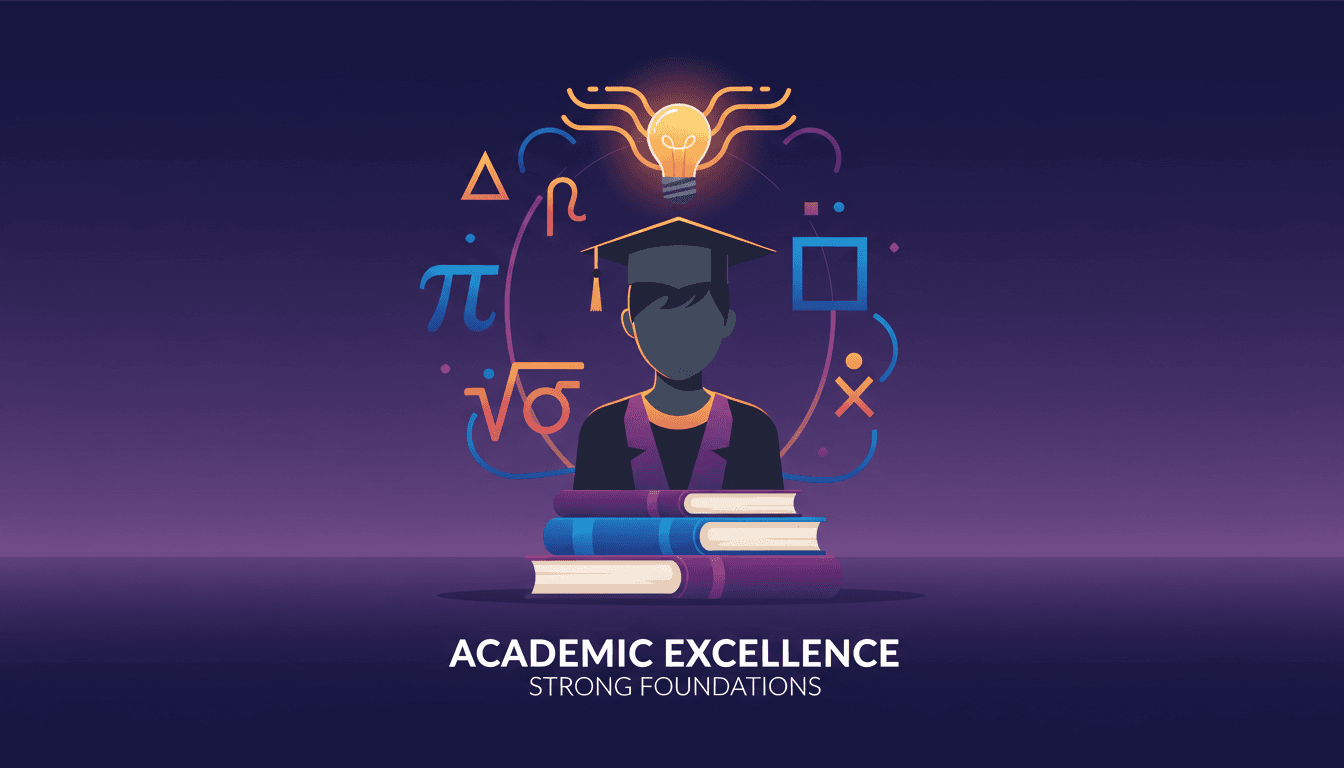 Illustration representing academic foundation — graduation cap, books and core subject symbols