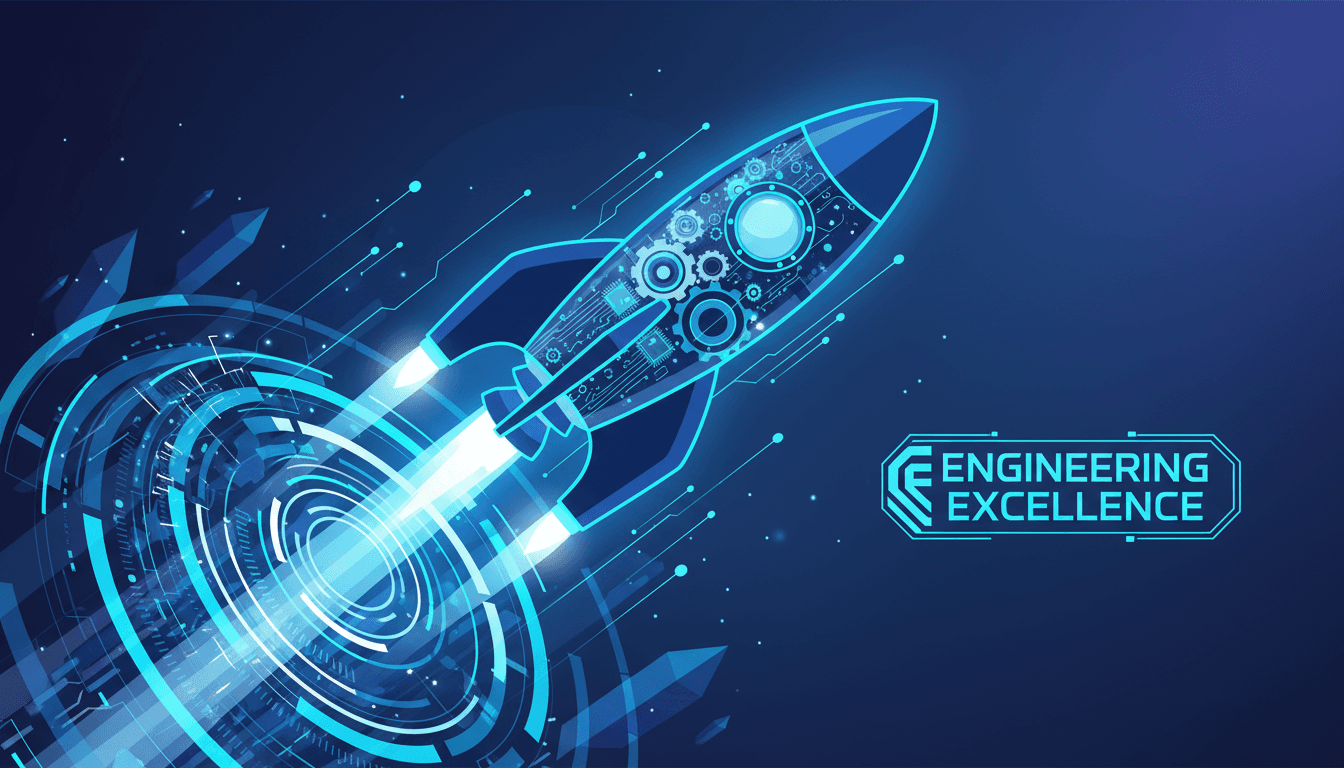 Illustration representing engineering studies — rocket launch with engineering iconography