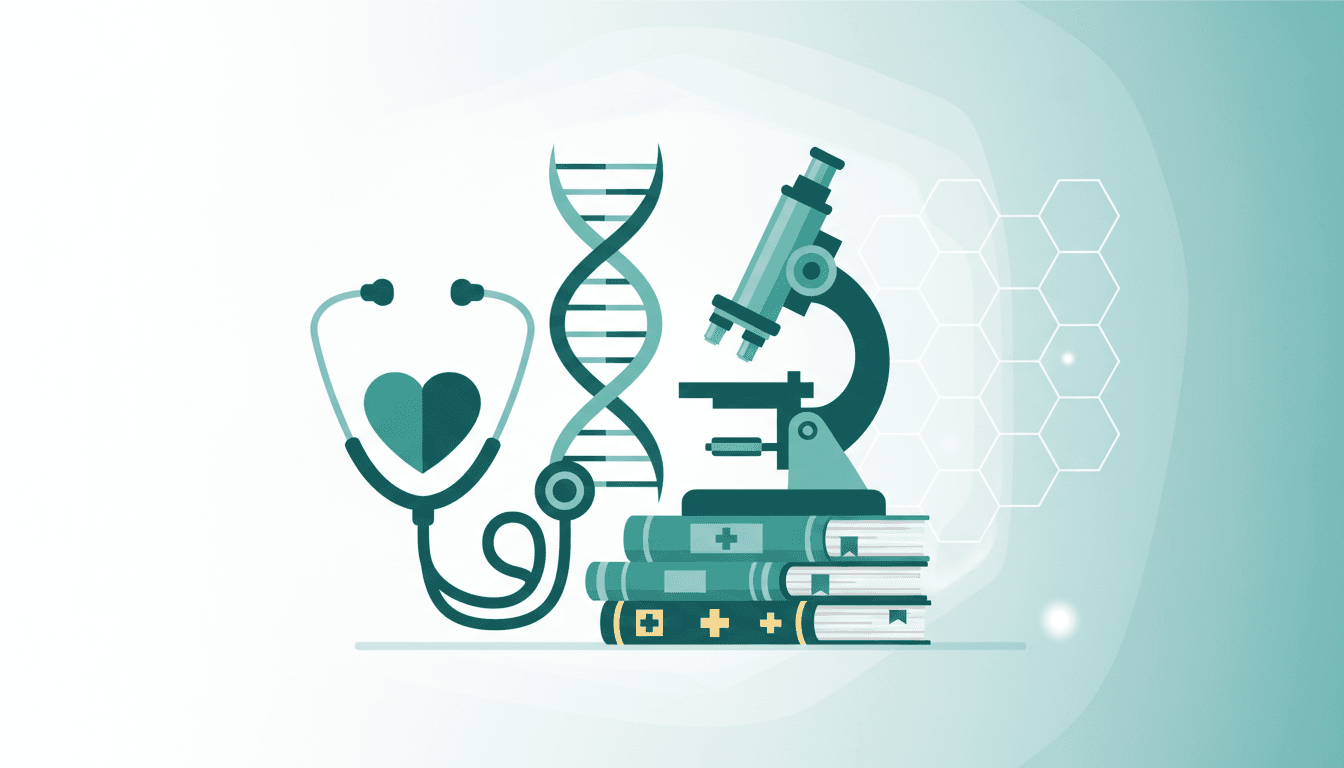 Illustration representing medical studies — stethoscope, DNA helix and microscope